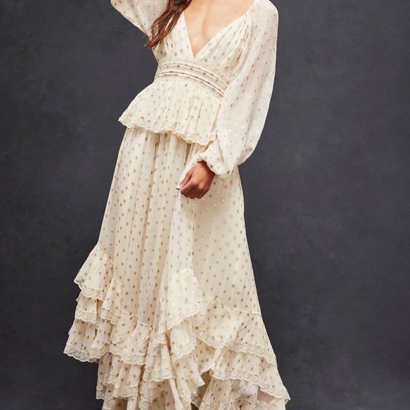 Free People Rococo Sand Emi Long Sleeved Dress Ruffle Lace Trim Metallic Ivory - Picture 3 of 6